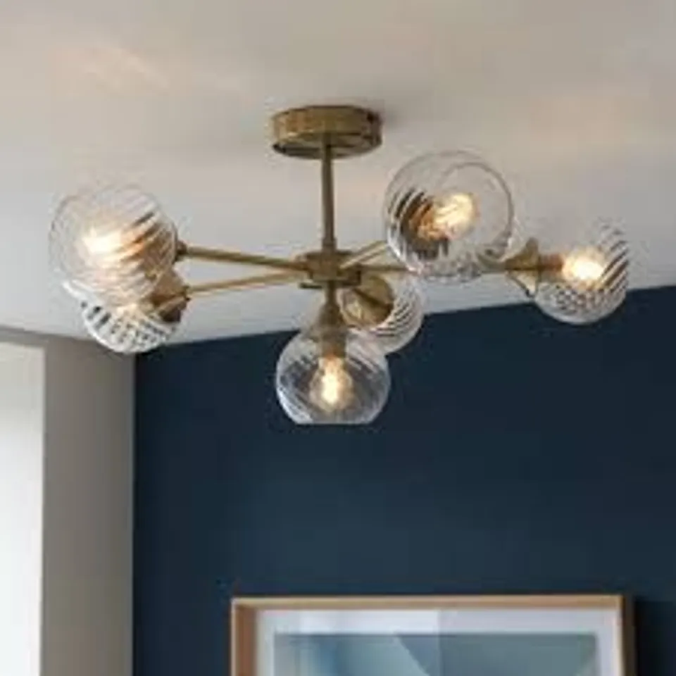BOXED ENDON ALLEGRA 6 LIGHT SEMI FLUSH ANTIQUE BRASS PLATE AND CLEAR SPIRAL GLASS