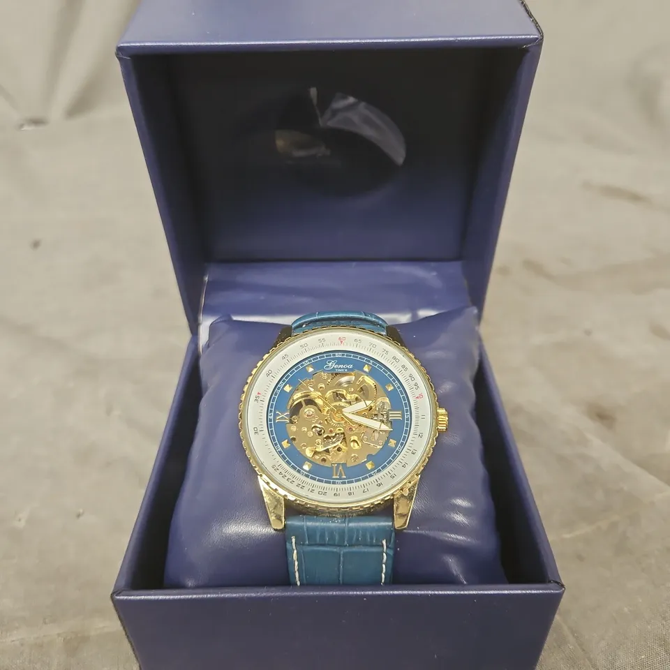 GENOA SKELETON WRISTWATCH – BLUE STRAP, GOLD-TONE CASE