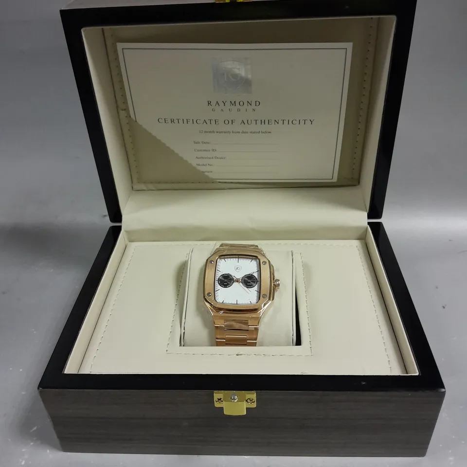 RAYMOND GAUDIN WATCH DAY DATE SUB DIALS STAINLESS STEEL CASE & STRAP ROSE GOLD