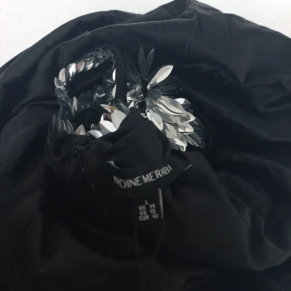 NADINE MERABI DRESS – UK 14 (US 10, EU 42) WITH SILVER PETAL EMBELLISHMENT