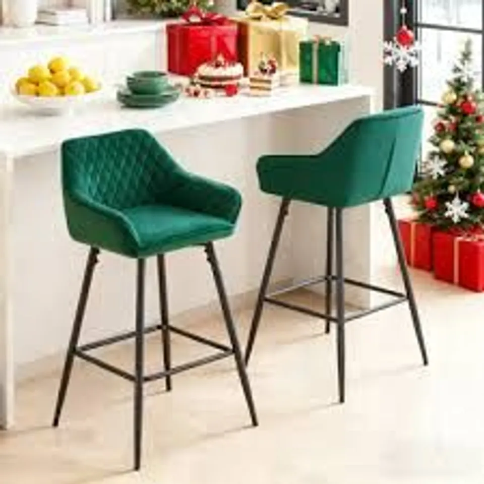 BOXED SET OF 2, ESPOSITO 68cm UPHOLSTERED BAR STOOLS WITH ARM FOR XMAS - GREEN (1 BOX)
