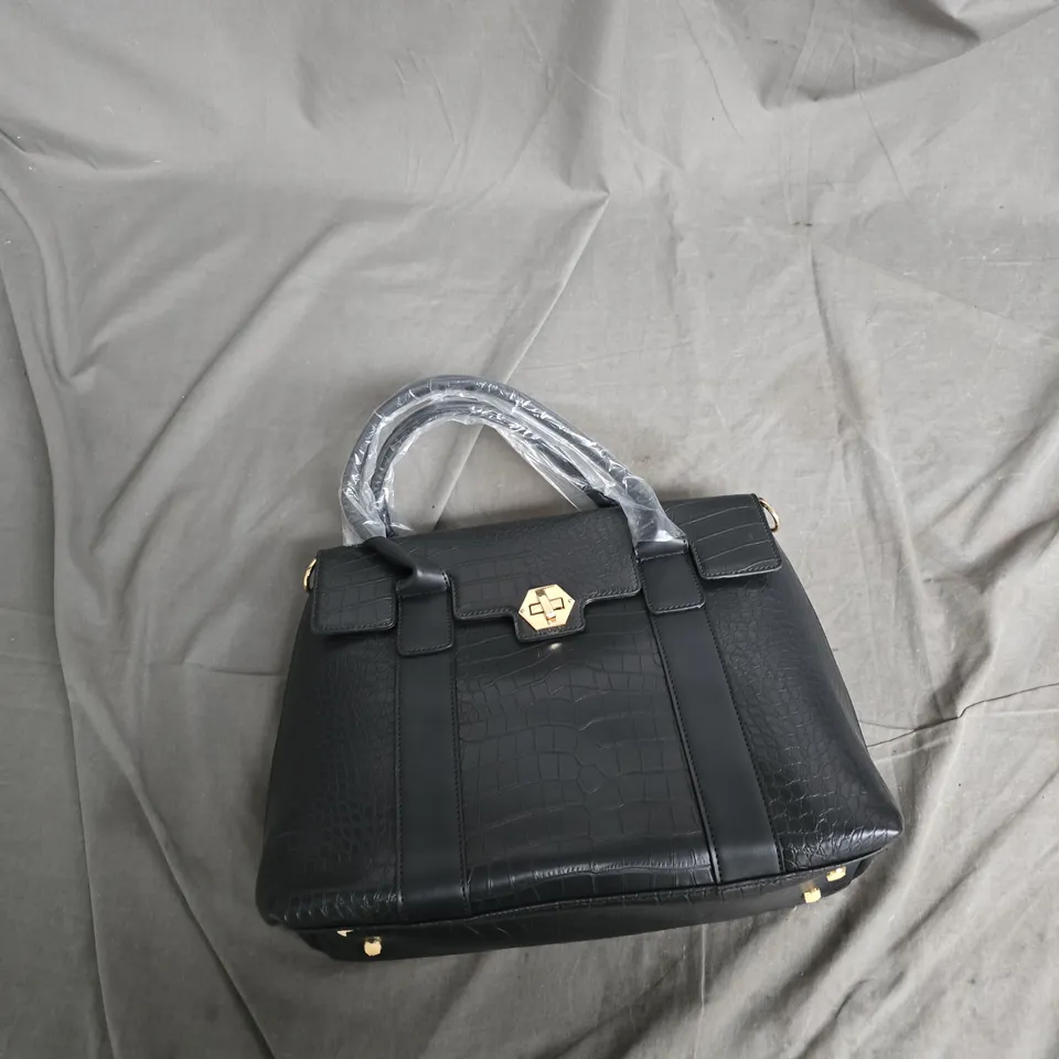 BLACK CROCODILE-EMBOSSED HANDBAG WITH GOLD-TONE HARDWARE, TOP HANDLES 