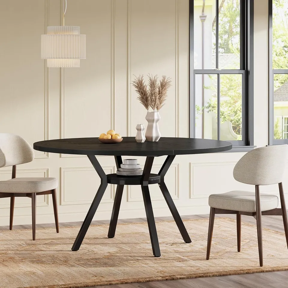 BOXED TRIBESIGNS ROUND BLACK DINING TABLE, 120CM LARGE KITCHEN TABLES FOR 4-6 PEOPLE - BLACK