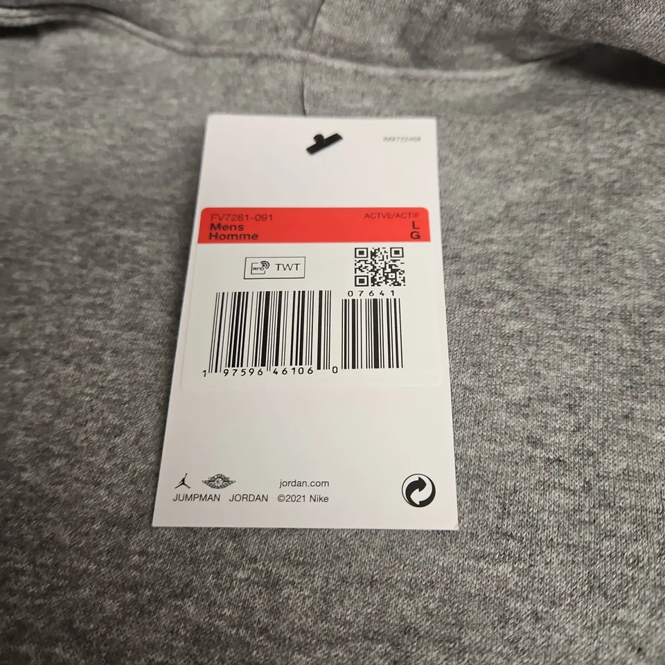 NIKE JORDAN MEN'S GREY HOODIE WITH EMBROIDERED JUMPMAN LOGO SIZE L