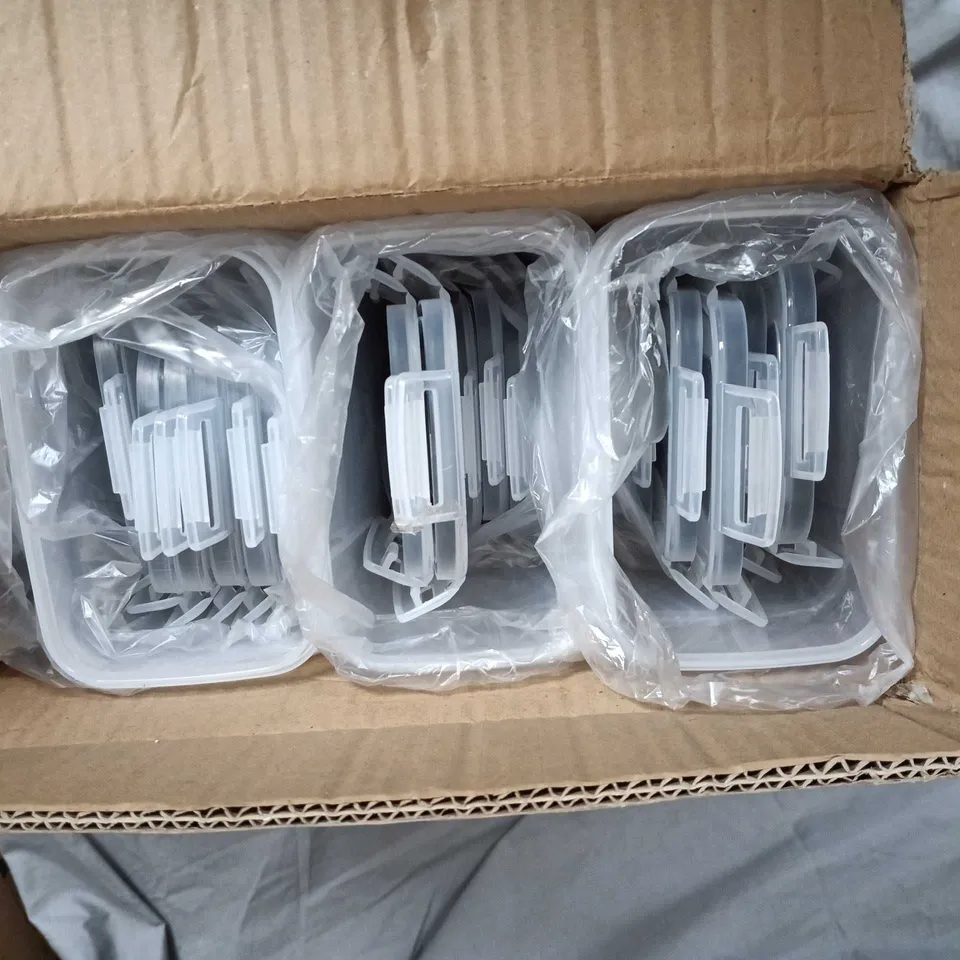 SET OF CLEAR STACKABLE PLASTIC STORAGE BOXES WITH GREY LIDS