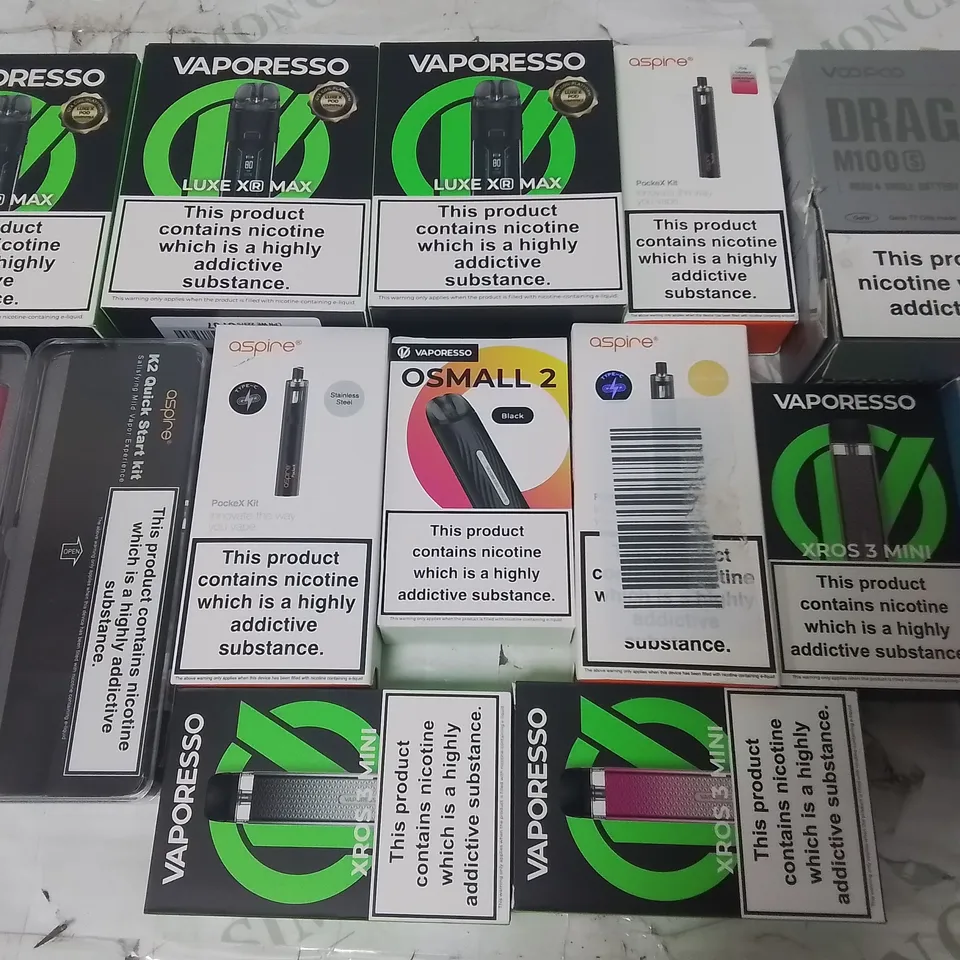 LOT OF ASSORTED E-CIGS AND PARTS TO INCLUDE VAPORESSO, VOOPOO AND ASPIRE