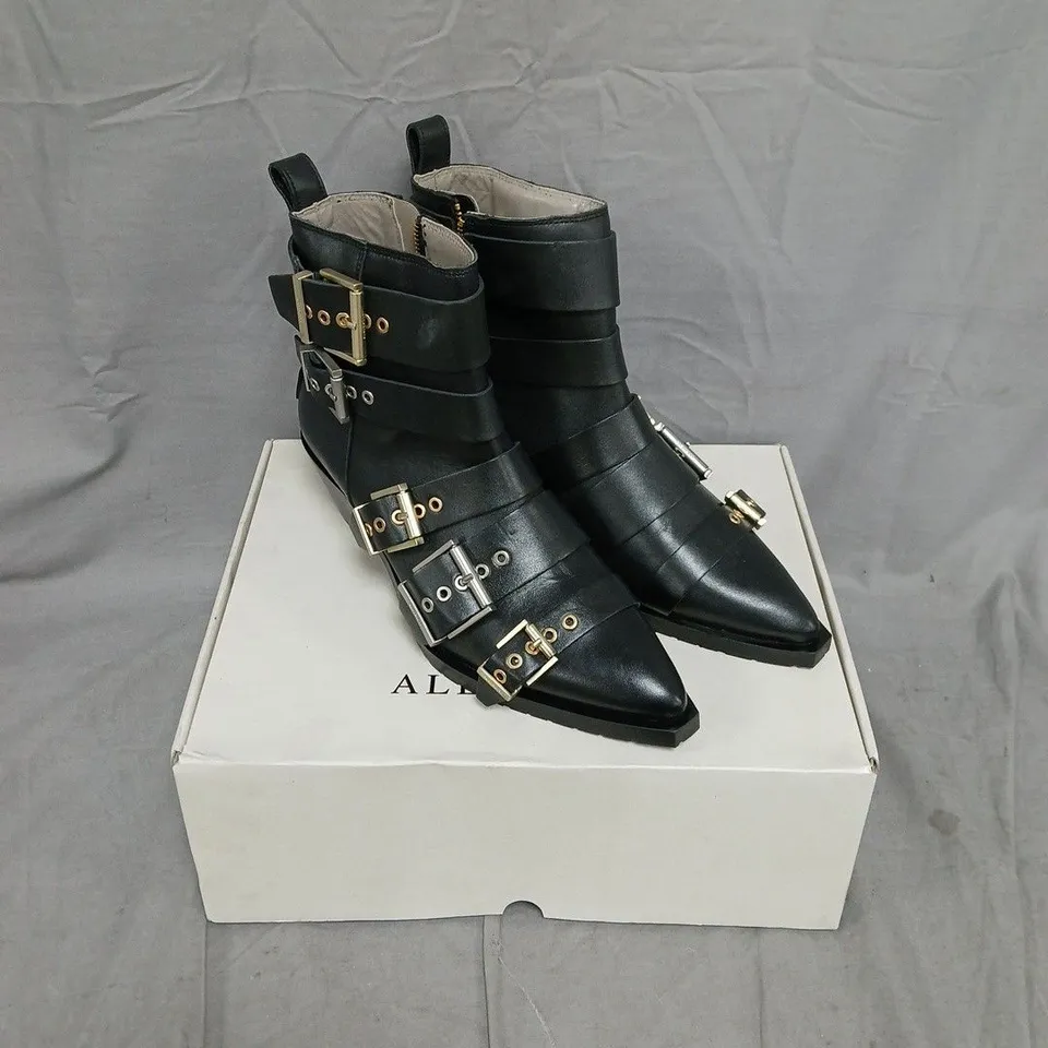 BOXED PAIR OF ALLSAINTS JANE BUCKLE BOOT – BLACK BUCKLE-STRAP ANKLE BOOTS, UK 8