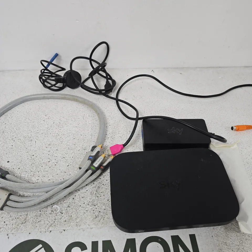 APPROXIMATELY 20 ASSORTED ITEMS INCLUDING PURE AV CABLE, A SKY WIFI ROUTER AND A SKY TV REMOTE