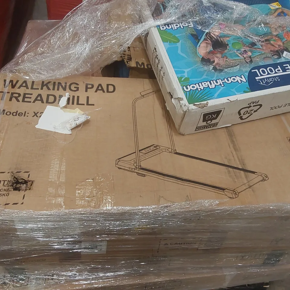 PALLET CONTAINING A LARGE QUANTITY OF WALKING PAD TREADMILLS, FOLDABLE POOL ECT