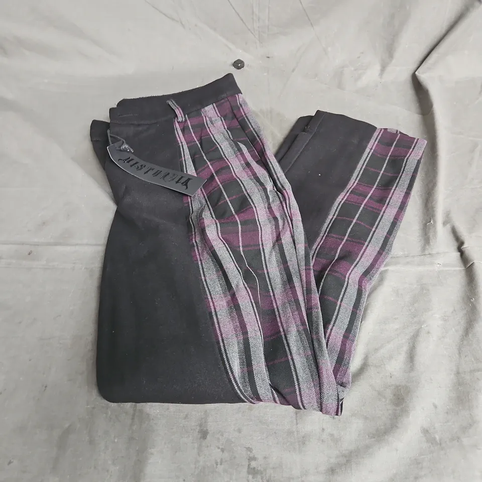 DISTURBIA GAMBIT SPLICED CHECK TAPERED TROUSERS IN BLACK/PURPLE SIZE 12