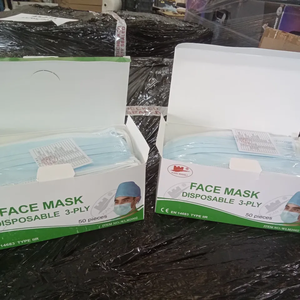PALLET OF APPROXIMATELY 13 BOXES CONTAINING 40 PACKS OF 50 DISPOSABLE 3-PLY FACE MASKS