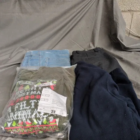 BOX OF APPROXIMATELY 20 ASSORTED CLOTHING ITEMS TO INCLUDE CHRISTMAS HOODIE, JEANS, TROUSERS, ZIP UP FLEECE ETC