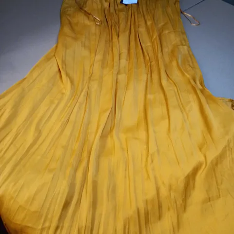 EMMA WILLIS OCHRE PLEATED SATIN MAXI DRESS - SIZE 14