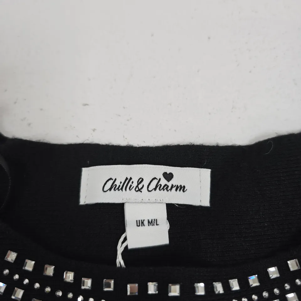 CHILLI & CHARM BLACK EMBELLISHED TOP WITH RHINESTONE TRIM – UK M/L