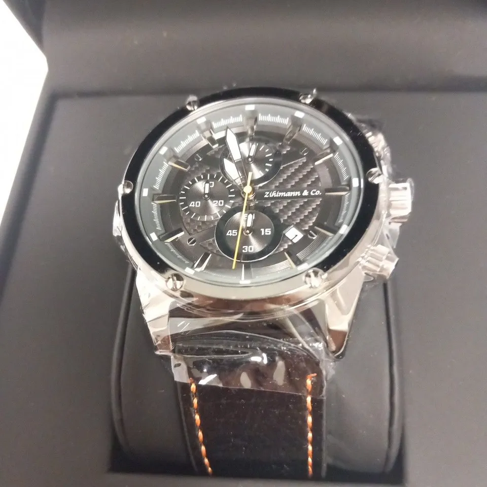 MEN’S ZIHLMANN & CO CHRONOGRAPH WATCH – MODEL ZC60 - BLACK DIAL WITH SUB DIALS – 3ATM WATER RESISTANT – GENUINE LEATHER STRAP 