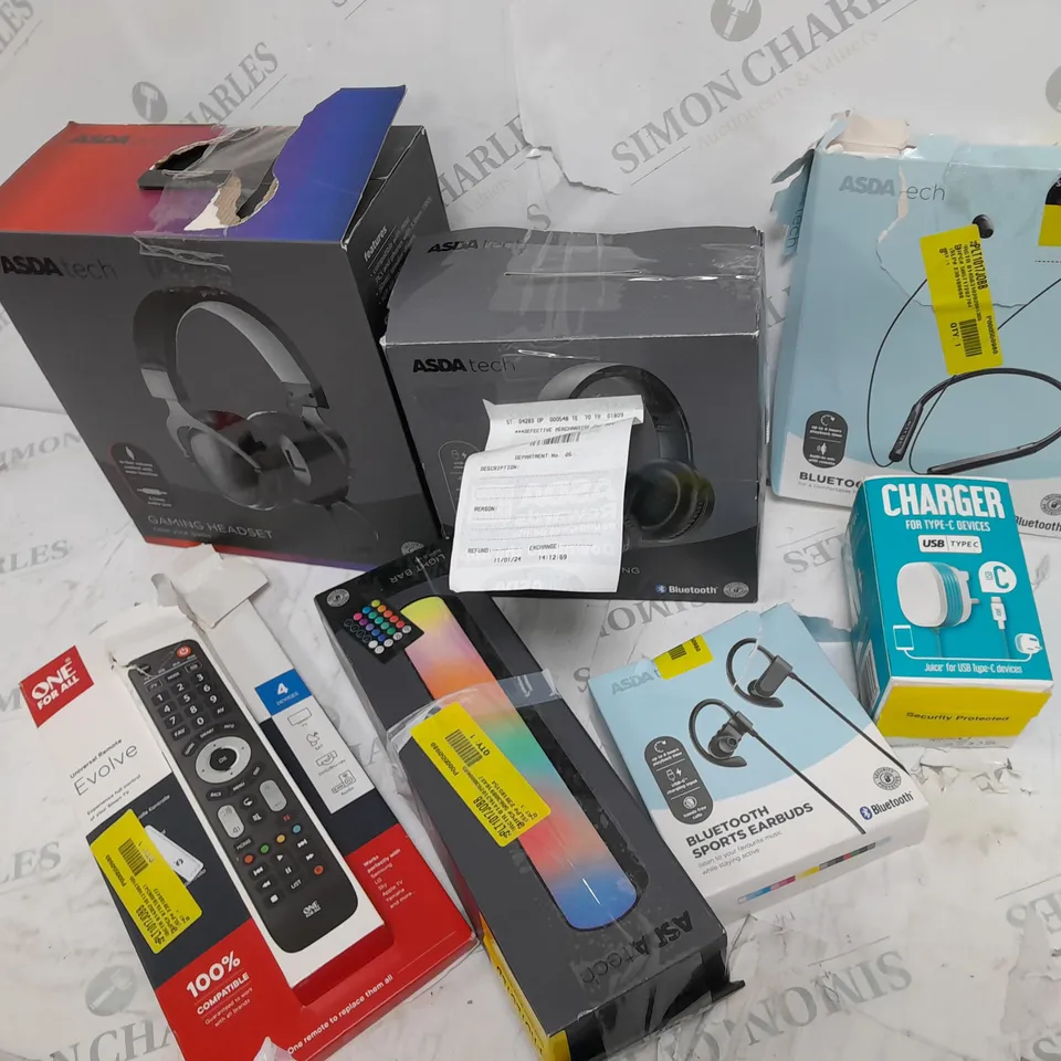  APPROXIMATELY 7 ASSORTED ASDA TECH ITEMS INCLUDING GAMING HEADSET, LIGHT BAR JUICE CHARGER TYPE C