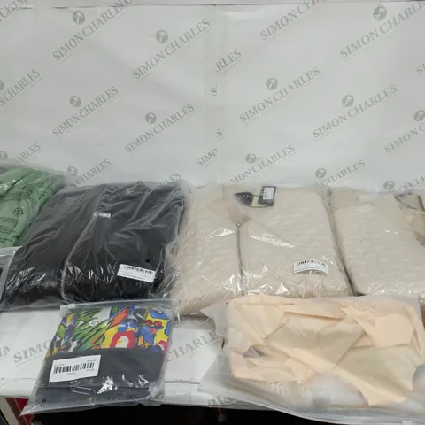 LARGE BOX OF ASSORTED CLOTHING ITEMS IN VARIOUS COLOURS AND SIZES INCLUDING TROUSERS , TOPS AND JUMPERS