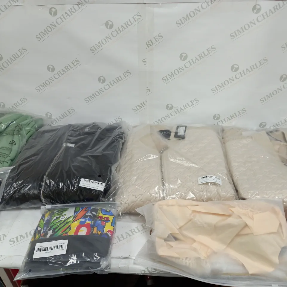 LARGE BOX OF ASSORTED CLOTHING ITEMS IN VARIOUS COLOURS AND SIZES INCLUDING TROUSERS , TOPS AND JUMPERS