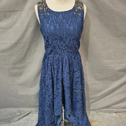 STORM BY MONSOON BLUE LACE OPEN BACK DRESS WITH EMBELLISHED SHOULDERS – GIRLS, 14 YRS