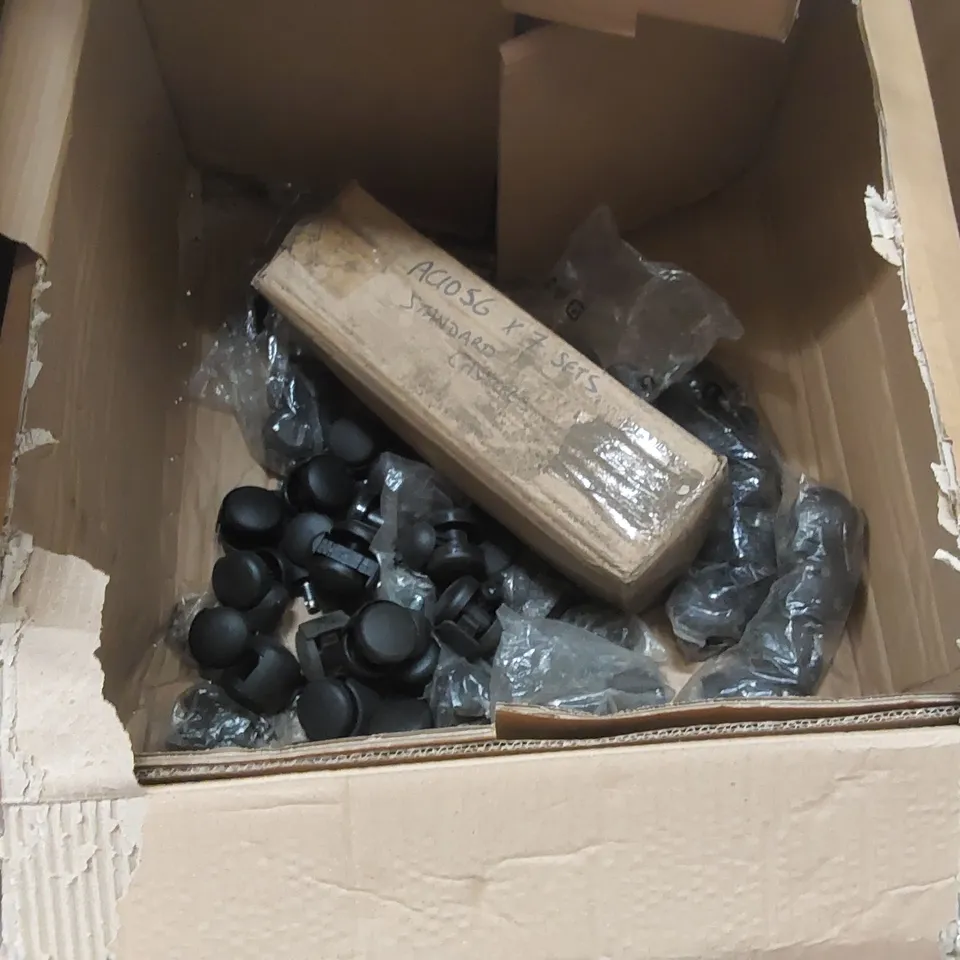 PALLET CONTAINING A LARGE ASSORTMENT OF OFFICE FURNITURE PARTS TO INCLUDE: CASTER WHEELS, STORAGE CONTAINERS ECT