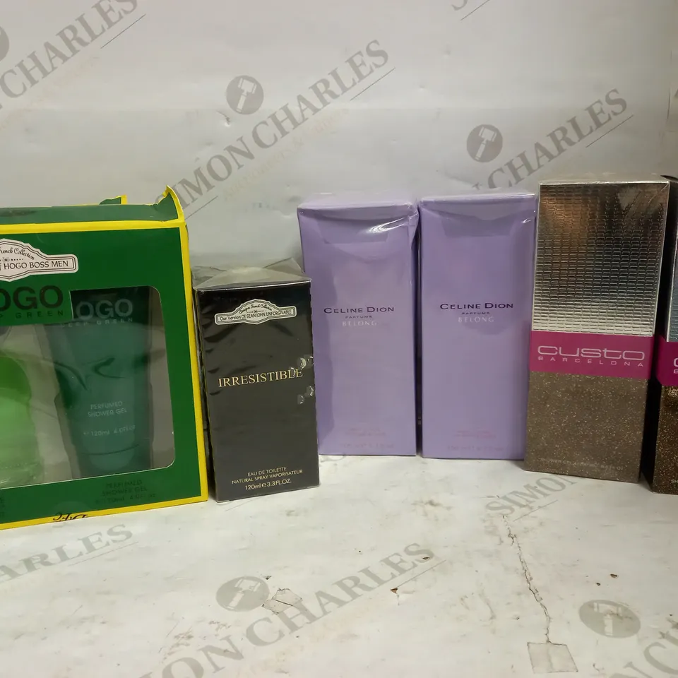 LOT OF APPROX 7 ASSORTED FRAGRANCE PRODUCTS TO INCLUDE CELINE DION BELONG BODY LOTION 200ML, CUSTO BARCELONA SHOWER GEL 200ML, HOGO BOSS GREEN SETS, ETC
