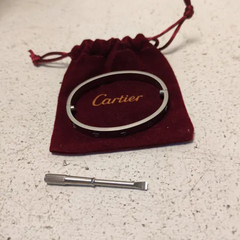 CARTIER LOVE BRACELET – SILVER-TONE WITH SCREW MOTIFS, WITH SCREWDRIVER TOOL AND RED POUCH