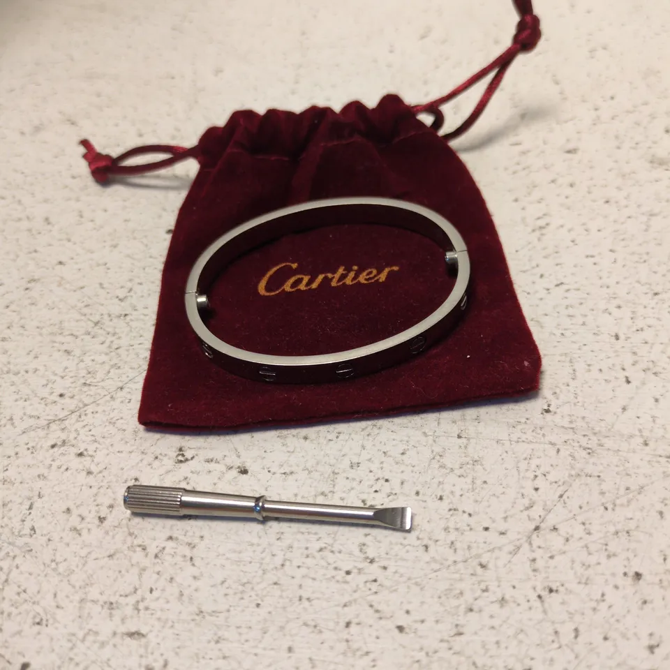 CARTIER LOVE BRACELET – SILVER-TONE WITH SCREW MOTIFS, WITH SCREWDRIVER TOOL AND RED POUCH