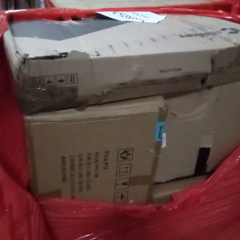 PALLET OF ASSORTED ITEMS INCLUDING FIRE PIT, MAGIC HOSE, CUBIKER L-SHAPED DESK