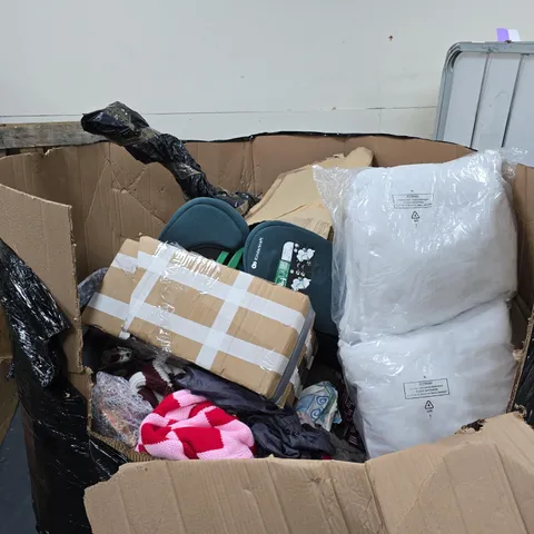 PALLET TO CONTAIN A LARGE AMOUNT OF ASSORTED HOUSEHOLD ITEMS TO INCLUDE CLOTHING, CUSHIONS, EDGE VISOR ETC