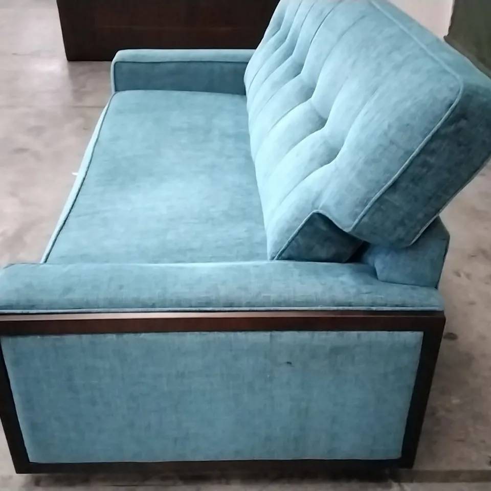 QUALITY BRITISH DESIGNER G PLAN MANUFACTURED VINTAGE 59 RR SMALL SOFA - FLECK BLUE FABRIC 