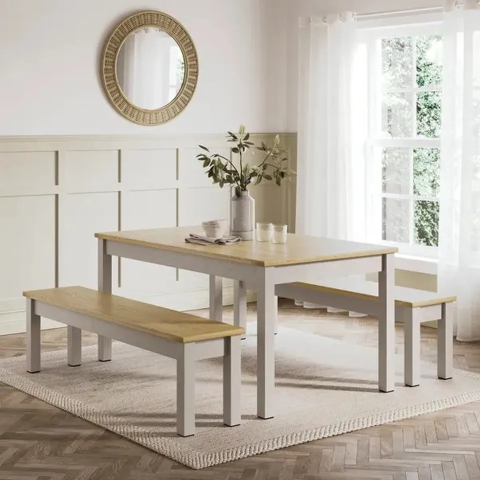 BOXED OLNEY 6 SEATER DINING TABLE AND BENCH SET - STONE (2 BOXES)