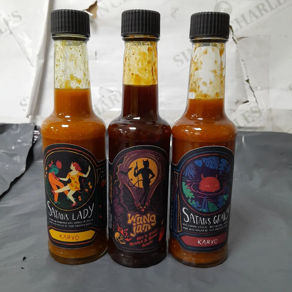 LOT OF 3 ASSORTED BOTTLES OF HOT SAUCE INCLUDES SATANS GRAVY AND WANG JAM