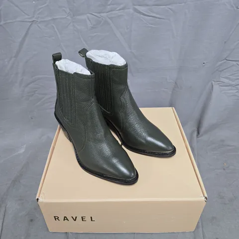 BOXED PAIR OF RAVEL CANN GREEN LEATHER BOOTS - 4