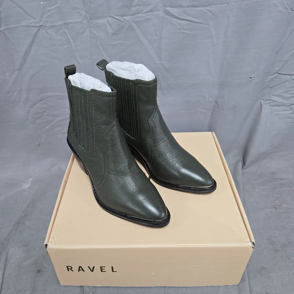 BOXED PAIR OF RAVEL CANN GREEN LEATHER BOOTS - 4