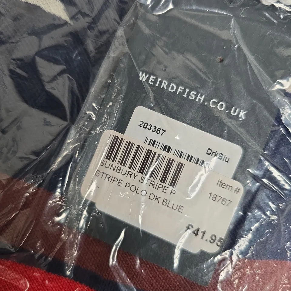 BAGGED WEIRD FISH SUNBURY STRIPE POLO SHIRT – DARK BLUE - LARGE
