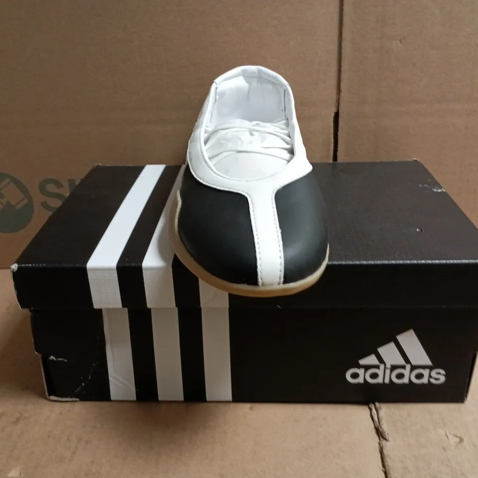 BOXED PAIR OF ADIDAS TAEKWONDO MEI BALLET SHOES IN BLACK/WHITE SIZE UK 5.5