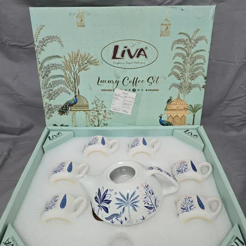 LIVA LUXURY COFFEE SET – TEAPOT WITH 6 CUPS, BLUE BOTANICAL PATTERN (BOXED)