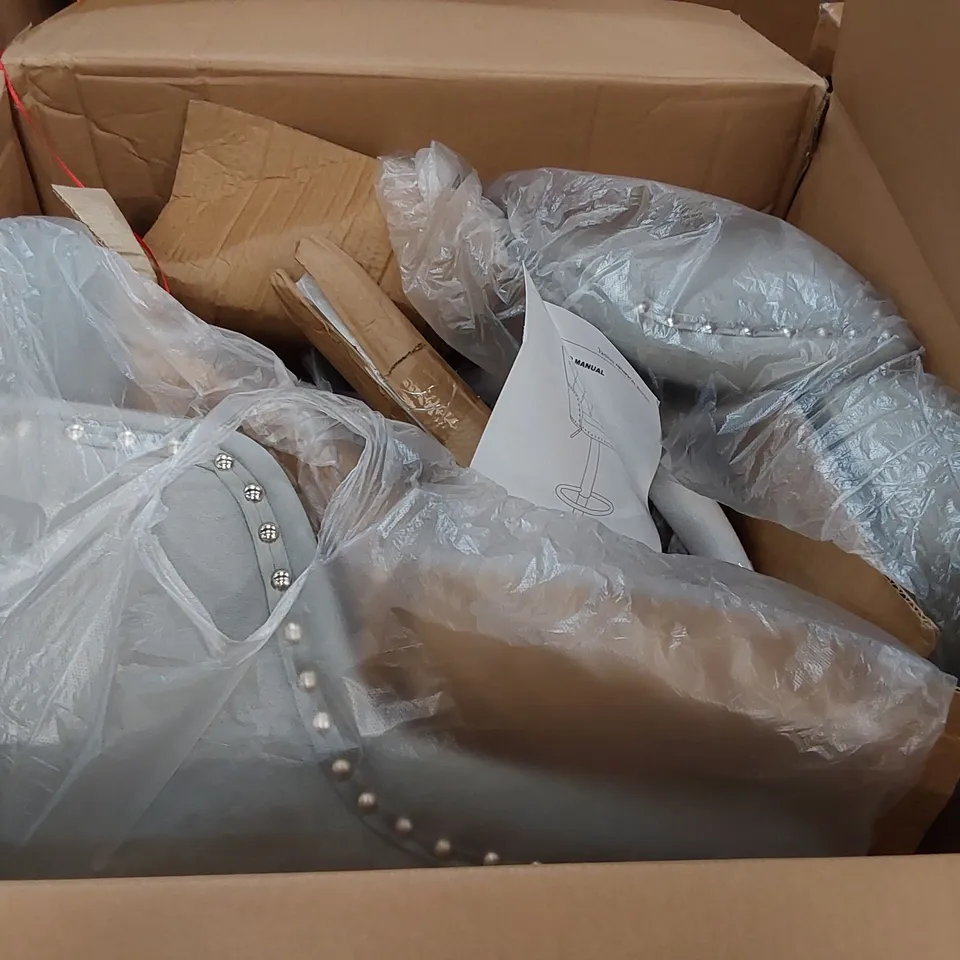 BOXED SET OF 2 DESIGNER VELVET BAR CHAIRS IN GREY WITH CHROME BASE (1 BOX)