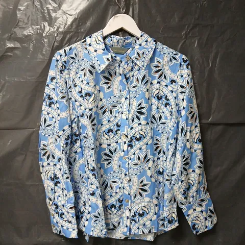 RUTH LANGSFORD PRINTED BUTTON THROUGH LYOCELL SHIRT IN BLUE MULTI - SIZE 12