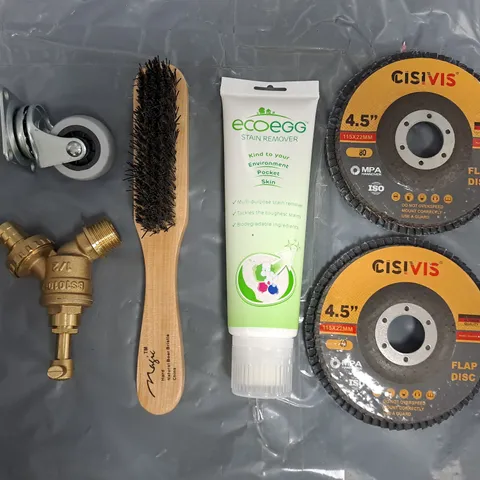 APPROXIMATELY 10 ASSORTED HOUSEHOLD ITEMS TO INCLUDE STAIN REMOVER, HARD BRISTLE BRUSH, FLAP DISC, ETC