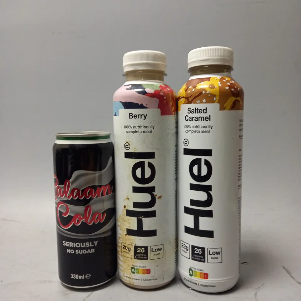 TOTE OF APPROX 12 ASSORTED FOOD ITEMS TO INCLUDE - HUEL BERRY , SALAAM COLA , HUEL SALTED CARMEL 