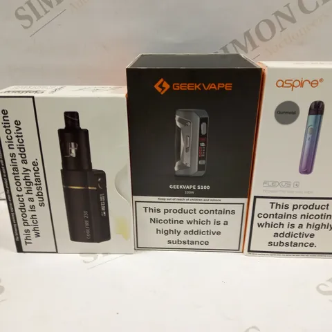 BOX OF APPROXMATELY 26 E-CIGARETTES AND LIQUIDS TO INCLUDE ASPIRE FLEXUS Q KIT, GEEKVAPE S100, INNOKIN COOLFIRE Z50 ZLIDE, ETC