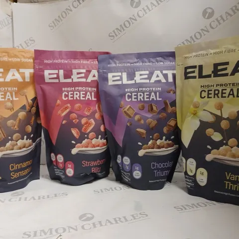 4 X PACKETS OF ELEAT HIGH PROTEIN CEREAL TO INCLUDE CHOCOLATE, STRAWBERRY, CINNAMON, VANILLA 