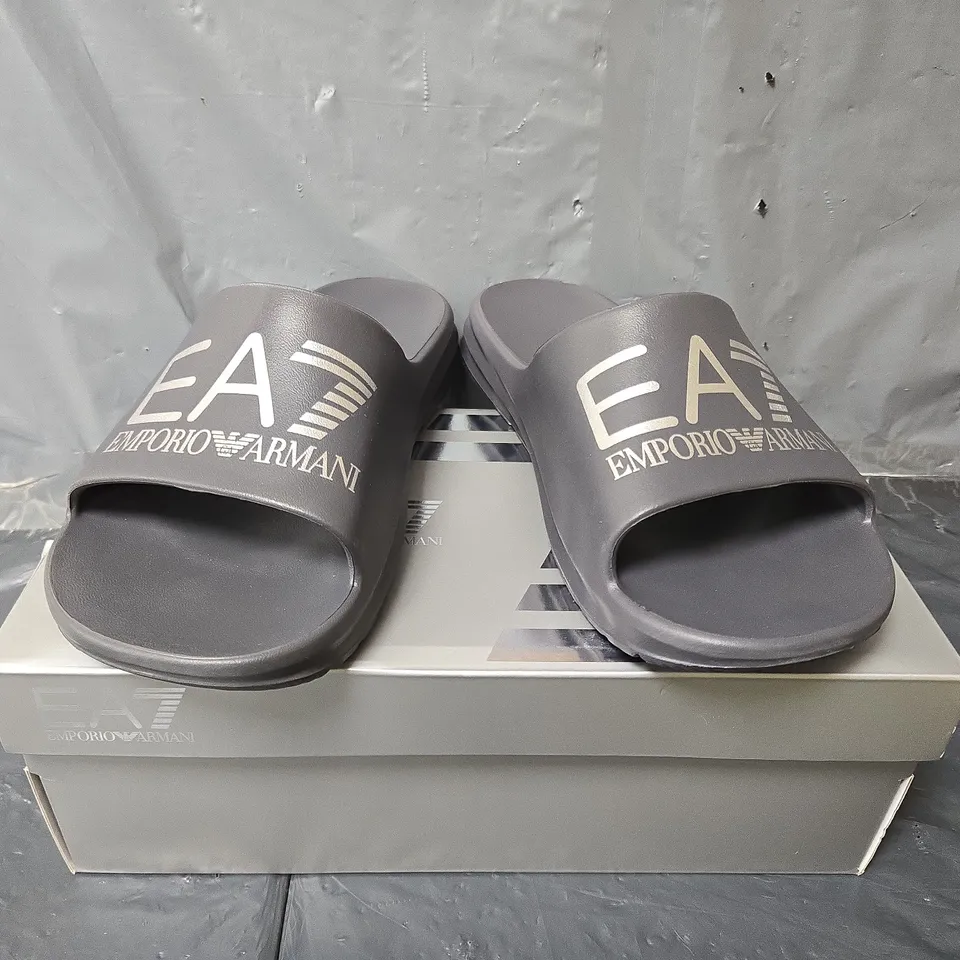 BOXED PAIR OF EMPORIO ARMANI SLIDES IN GREY - SIZE 43