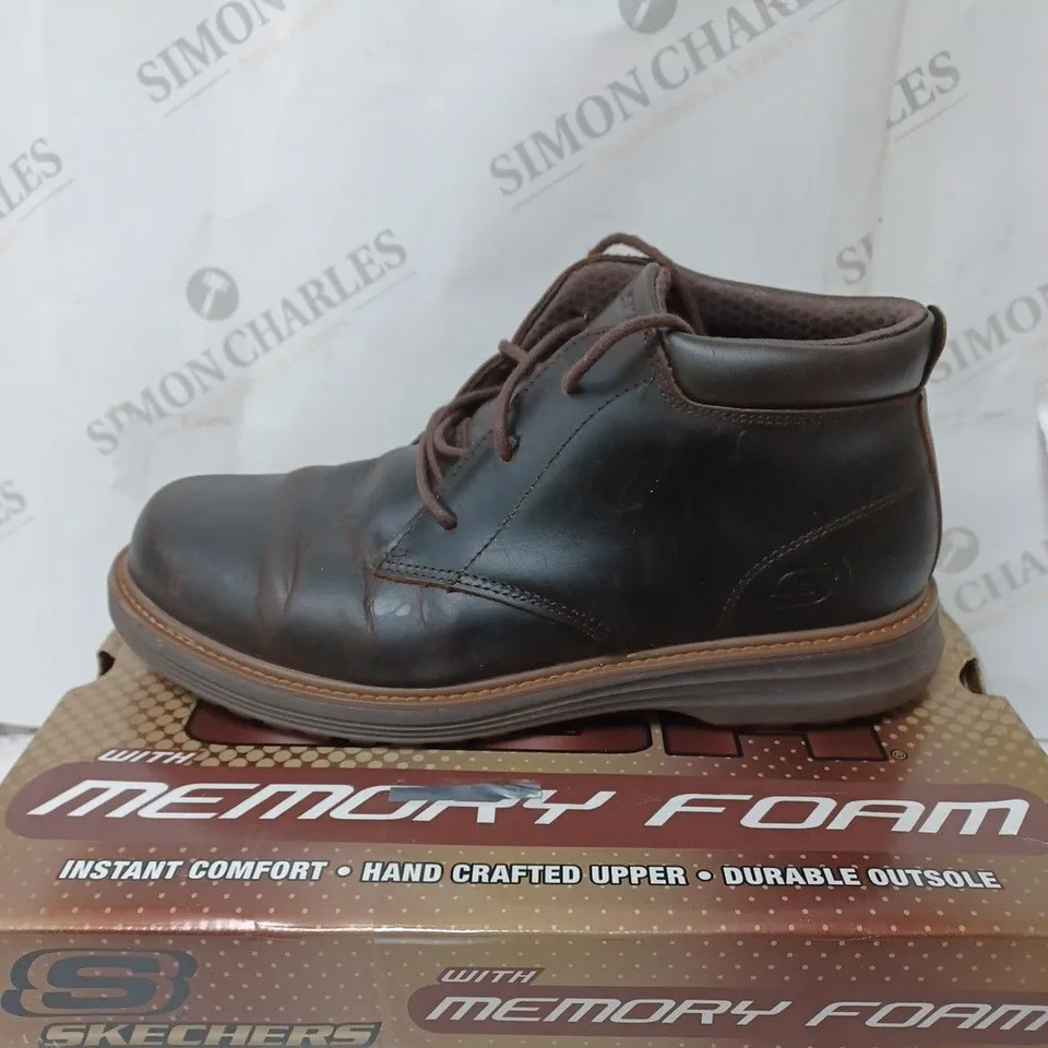 BOXED SKECHERS USA LEATHER BOOTS, CHOCOLATE - SIZE 9