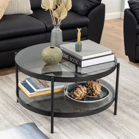 BOXED BAYONNE ROUND COFFEE TABLE IN BLACK WITH SMOKED GLASS TOP