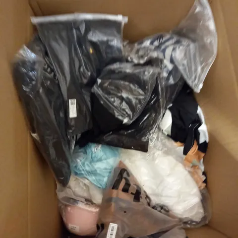 BOX OF ASSORTED CLOTHING ITEMS TOO INCLUDE DRESSES , SHIRTS AND TROUSERS IN VARIOUS SIZES AND COLOURS