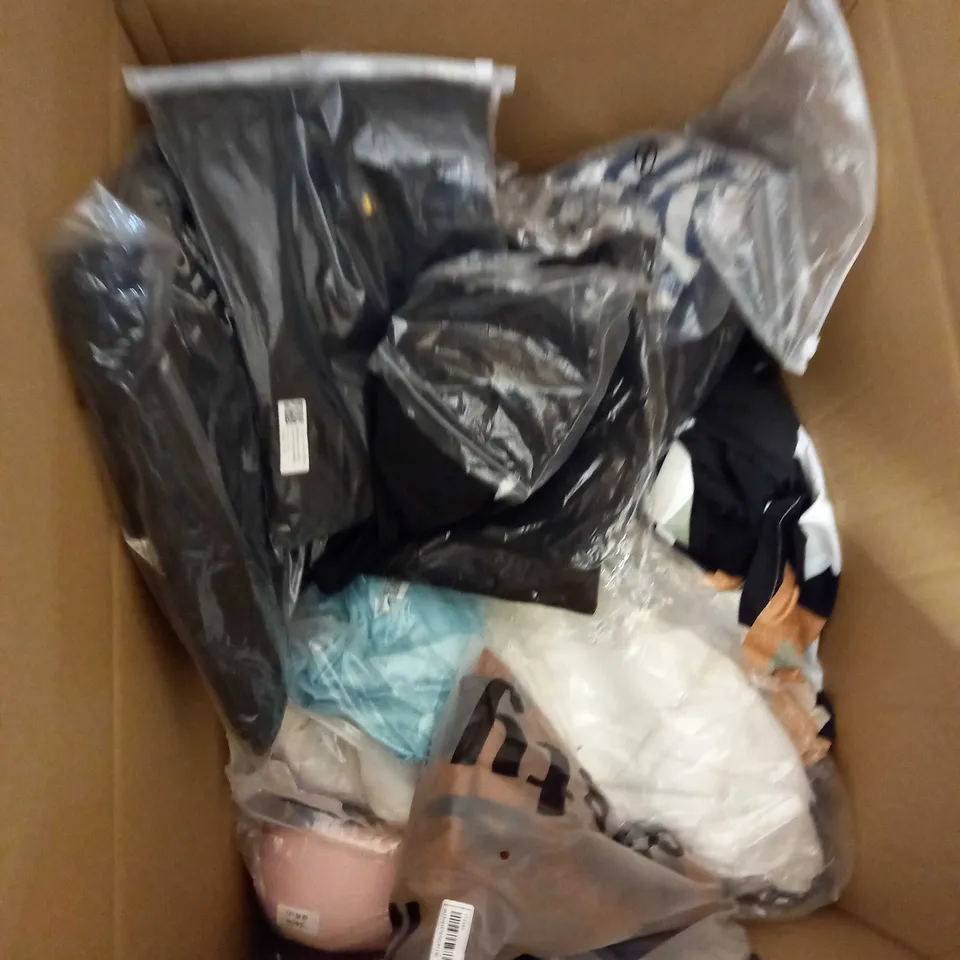  BOX OF ASSORTED CLOTHING ITEMS TOO INCLUDE DRESSES , SHIRTS AND TROUSERS IN VARIOUS SIZES AND COLOURS   