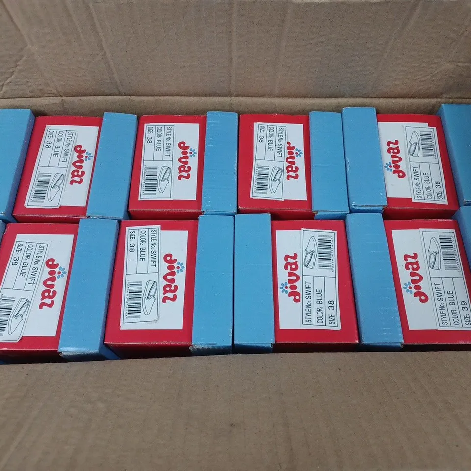 APPROXIMATELY 10 PAIRS OF BOXED DIVAZ SLIP-ON FLORAL PUMP SWIFT BLUE IN VARIOUS SIZES 
