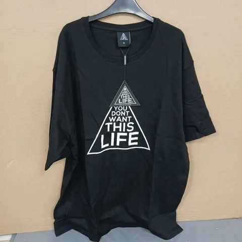 APPROXIMATELY 18 ITEMS OF T SHIRTS AND HOODIES , ALL YOU DON'T WANT THIS LIFE BRAND IN VARIOUS SIZES BLACK AND WHITE .